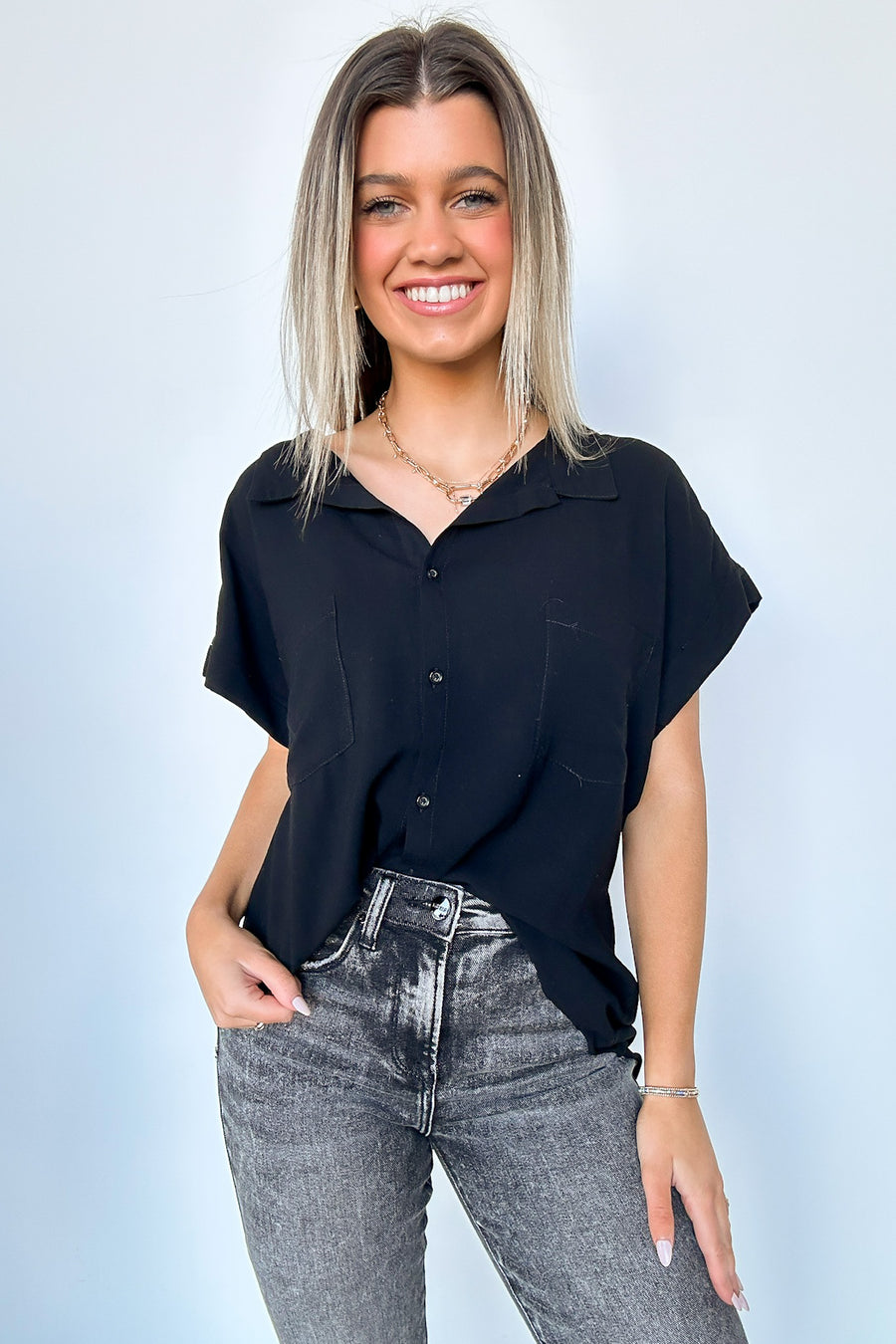 Black / S Kavitha Short Sleeve Button Down Tunic Top - Madison and Mallory