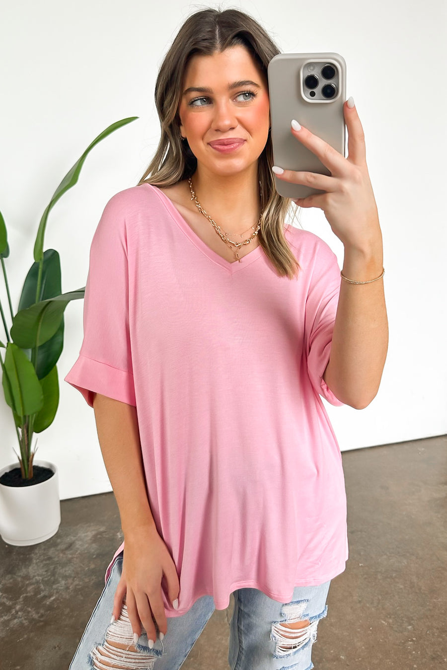 Pink / S Kaydee V-Neck Relaxed Top - FINAL SALE - Madison and Mallory