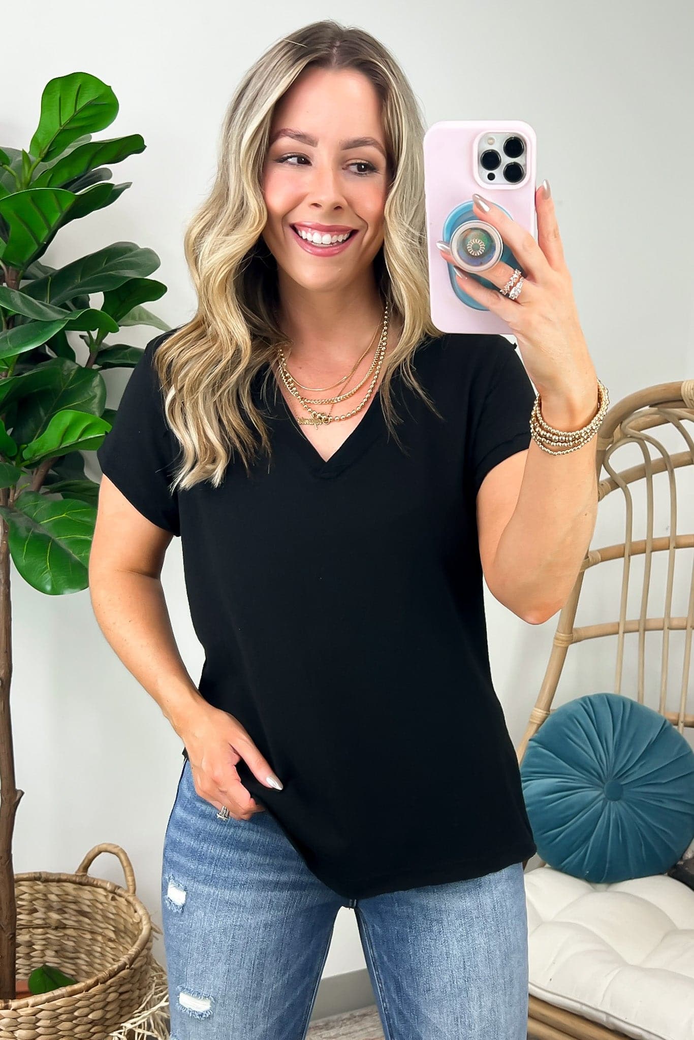 Black / S Kayelle Short Sleeve V-Neck Top - FINAL SALE - Madison and Mallory