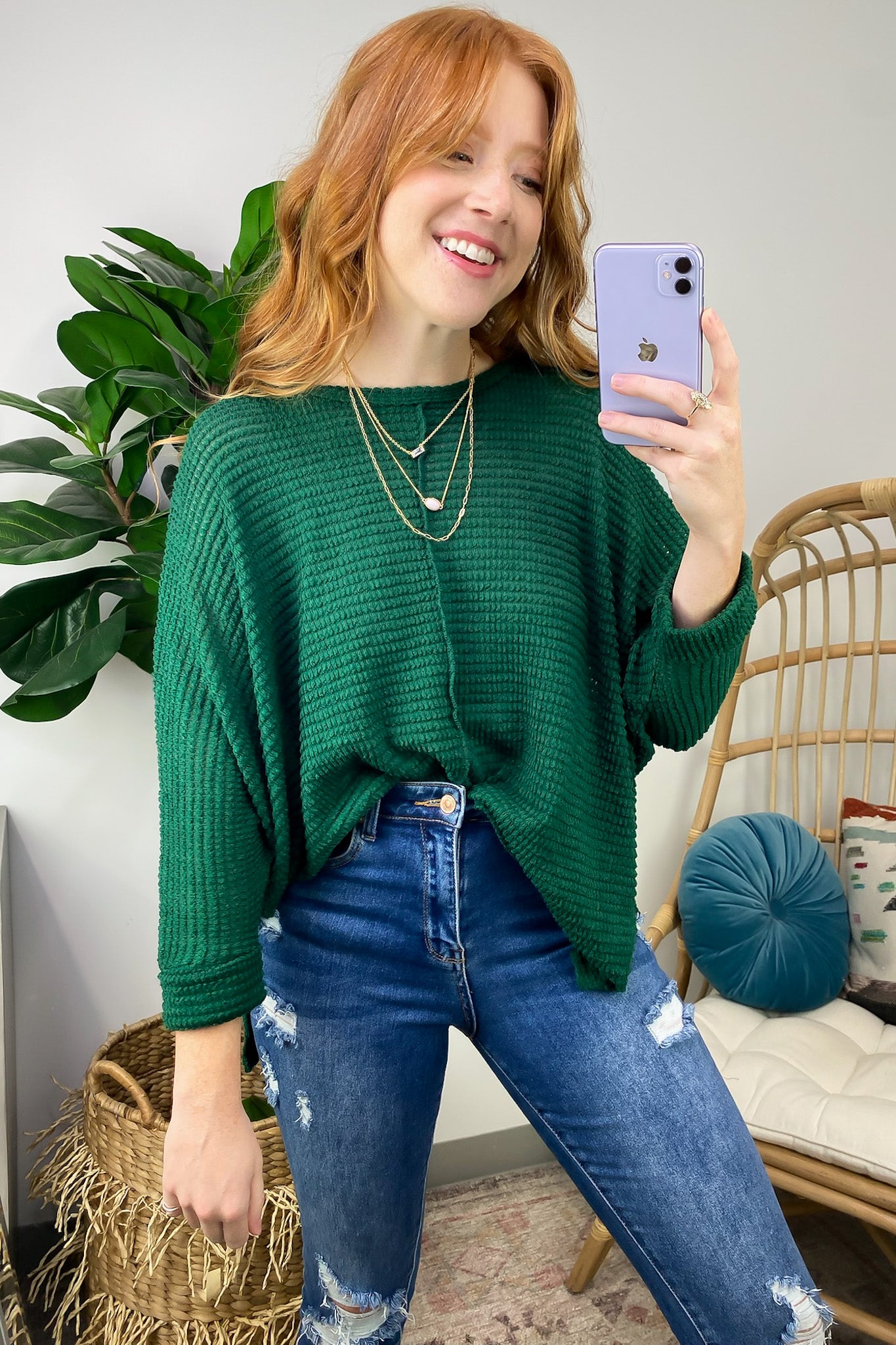 Dark Green / SM Kaylum Batwing Waffle Knit Top - BACK IN STOCK - Madison and Mallory