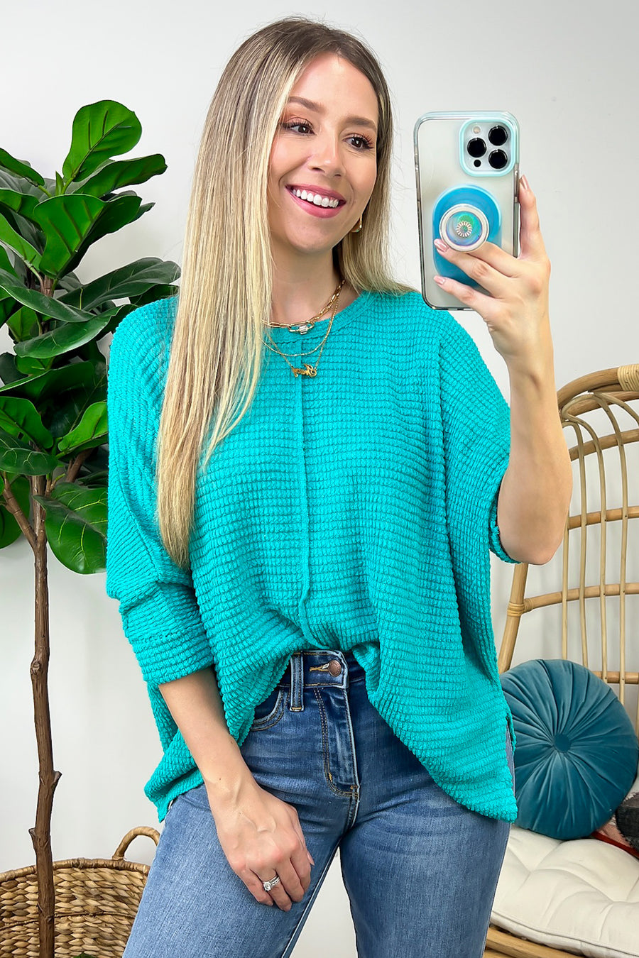 Turquoise / SM Kaylum Batwing Waffle Knit Top - BACK IN STOCK - Madison and Mallory