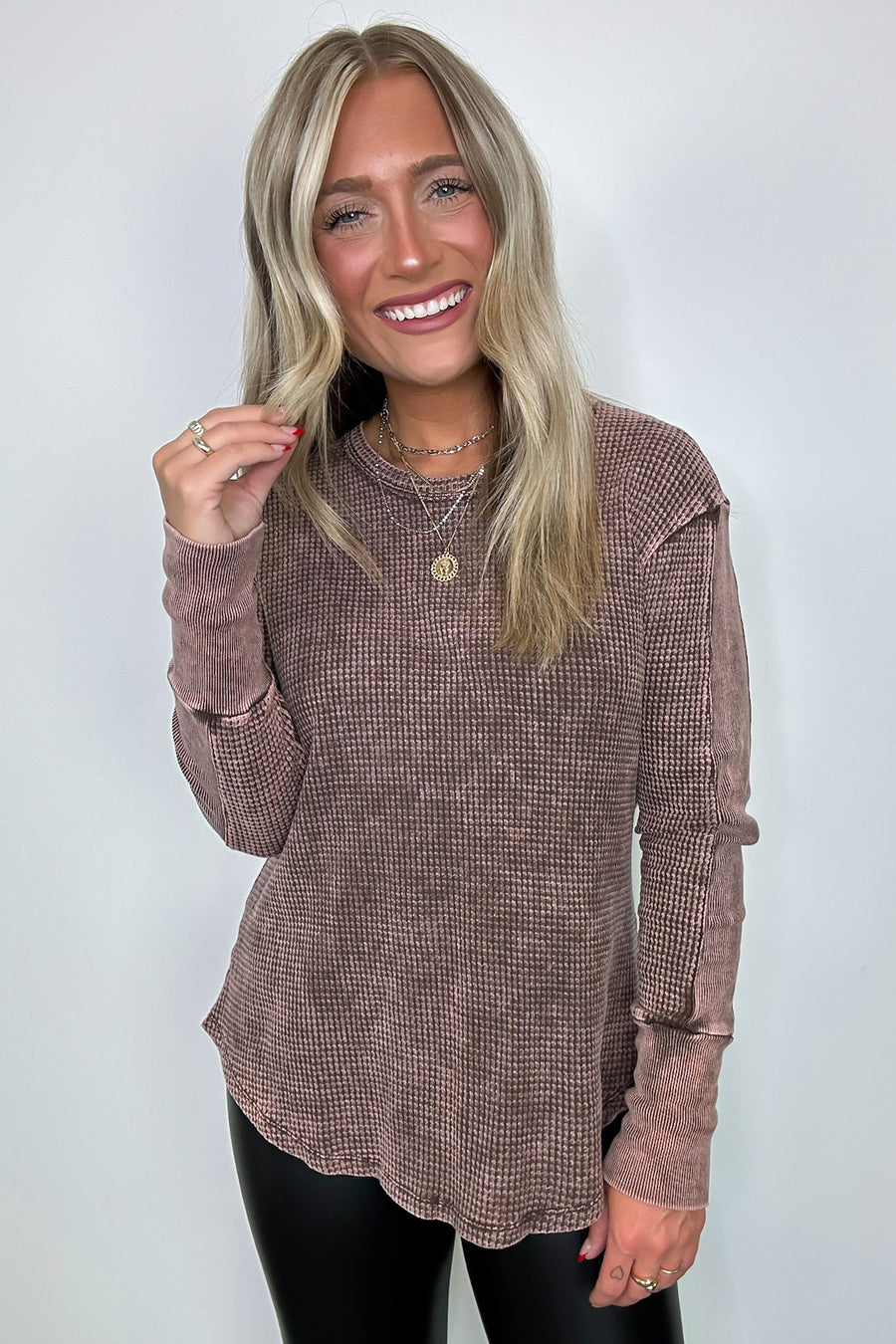 Mahogany / S Kaysee Washed Waffle Knit Long Sleeve Top - BACK IN STOCK - Madison and Mallory