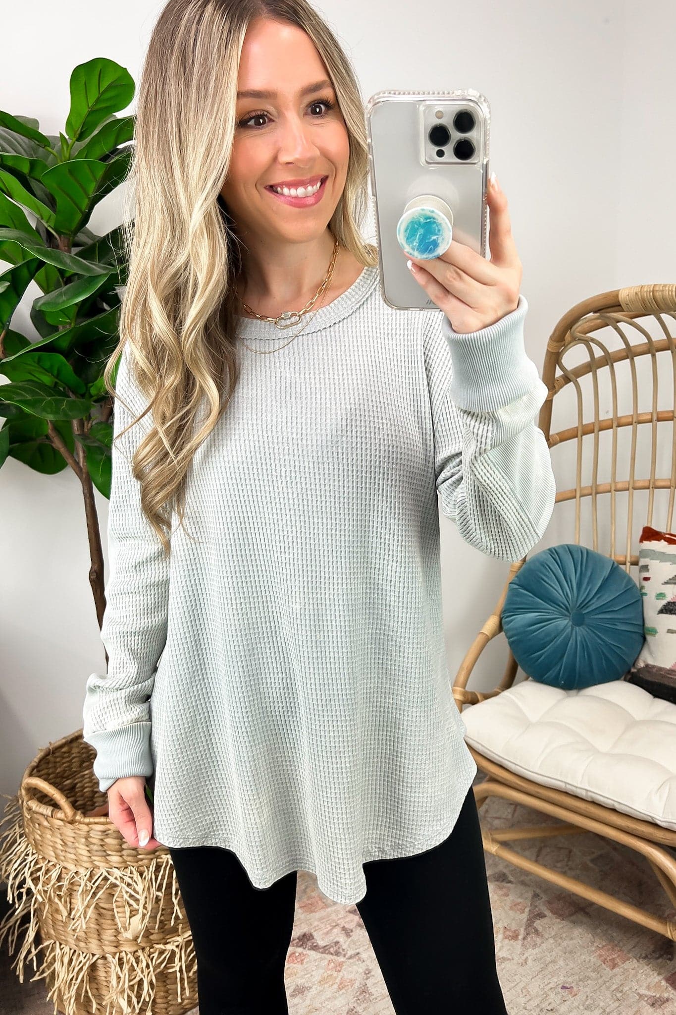 Light Gray / S Kaysee Washed Waffle Knit Long Sleeve Top - FINAL SALE - Madison and Mallory