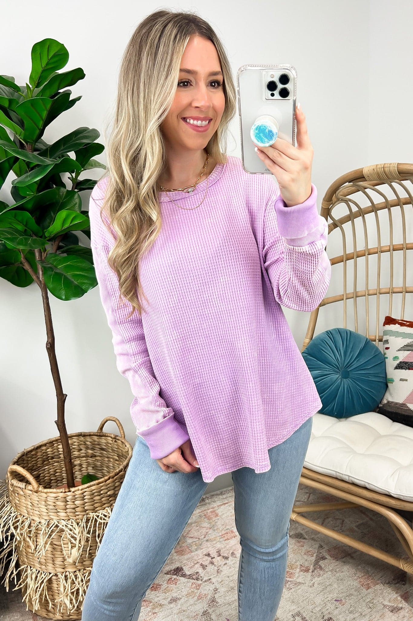 Bright Lavender / S Kaysee Washed Waffle Knit Long Sleeve Top - FINAL SALE - Madison and Mallory