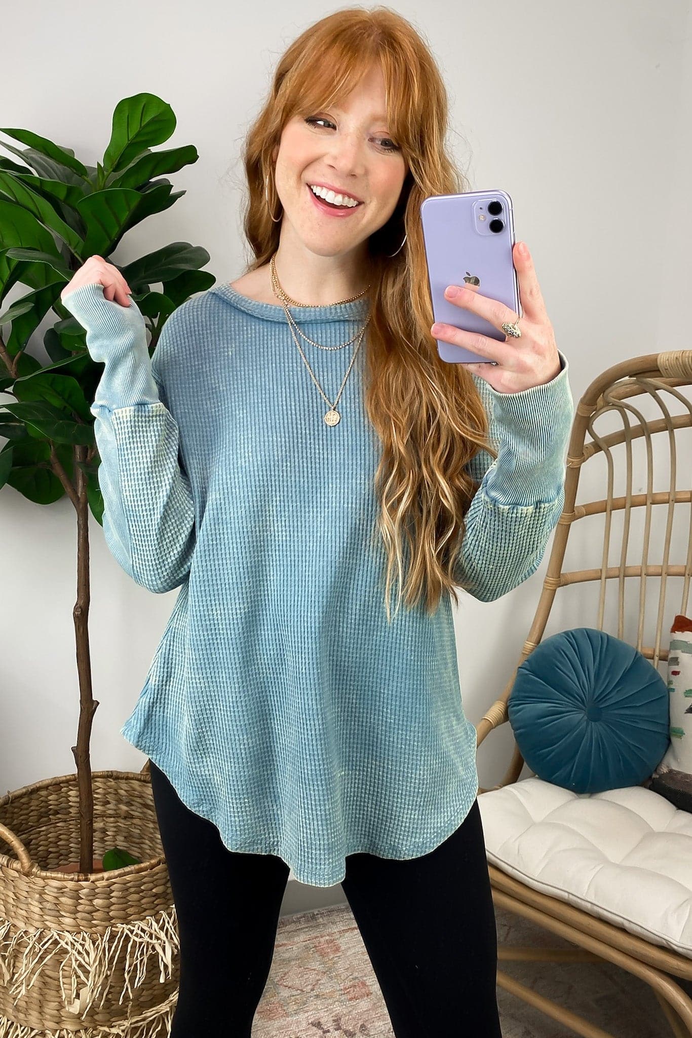 Blue Gray / S Kaysee Washed Waffle Knit Long Sleeve Top - FINAL SALE - Madison and Mallory