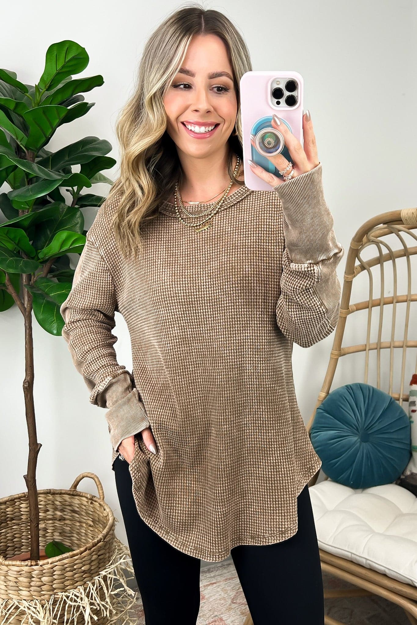 Dark Camel / S Kaysee Washed Waffle Knit Long Sleeve Top - FINAL SALE - Madison and Mallory