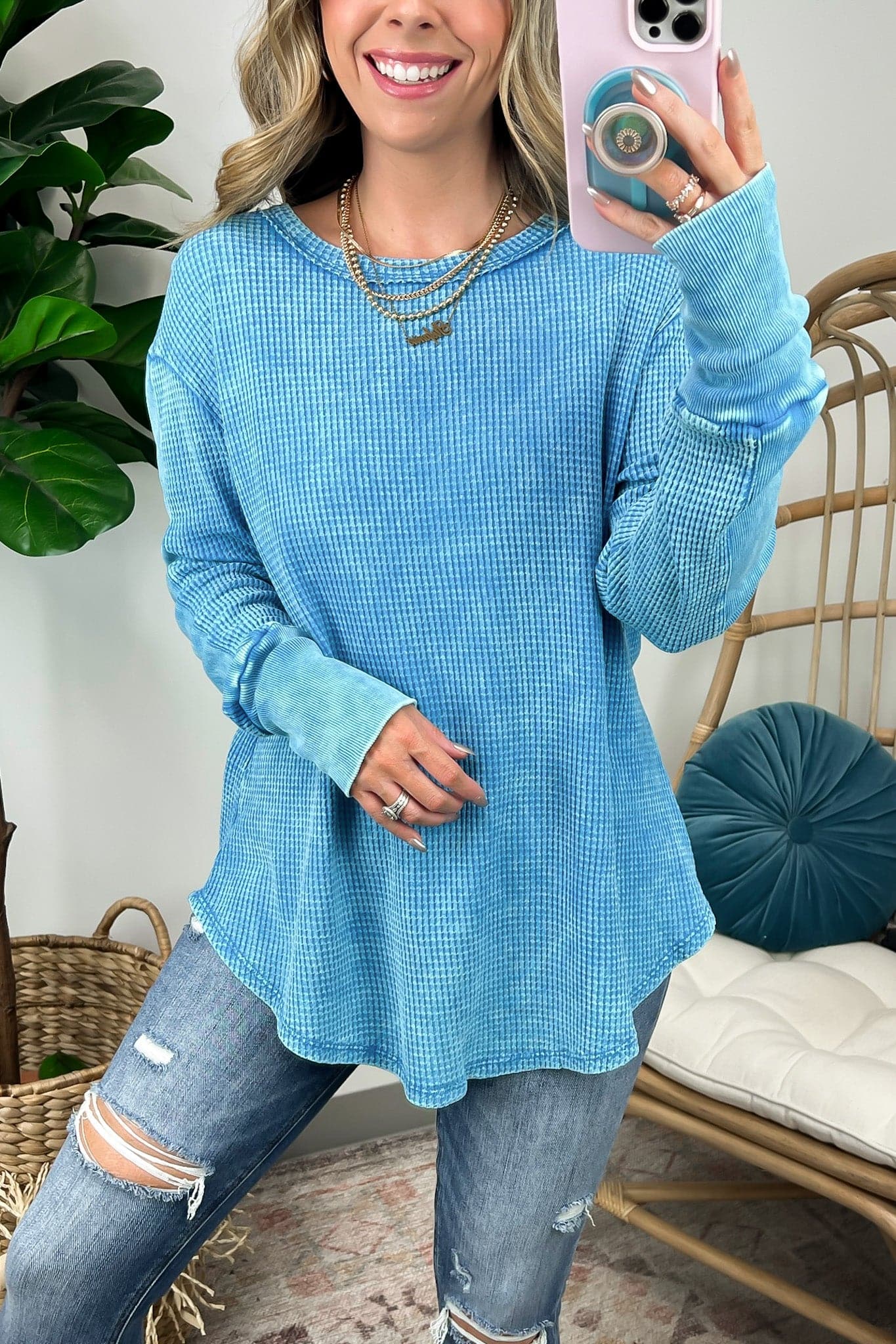  Kaysee Washed Waffle Knit Long Sleeve Top - FINAL SALE - Madison and Mallory