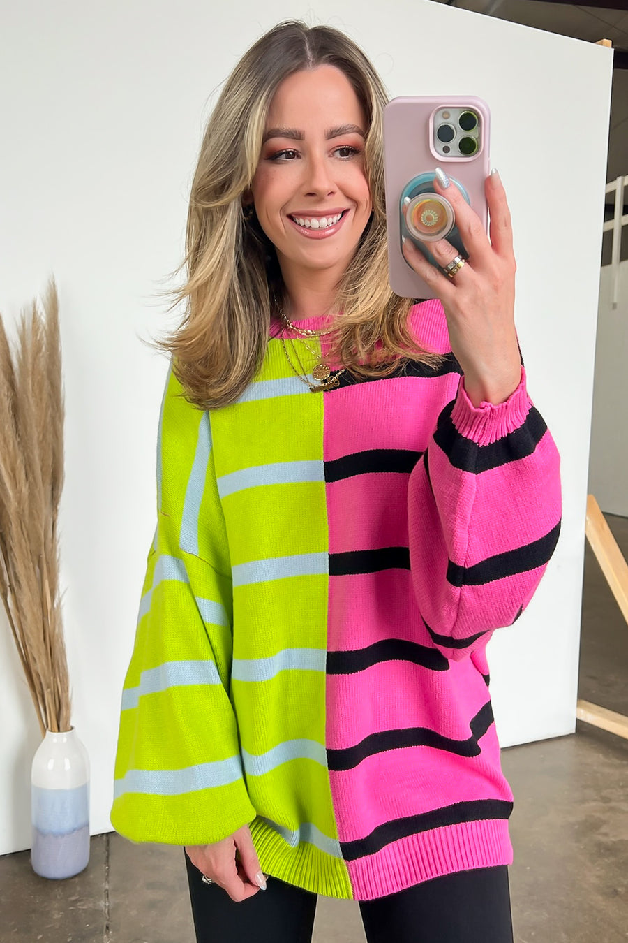 Pink/Lime / S Keegan Color Block Stripe Bubble Sleeve Sweater - FINAL SALE - Madison and Mallory