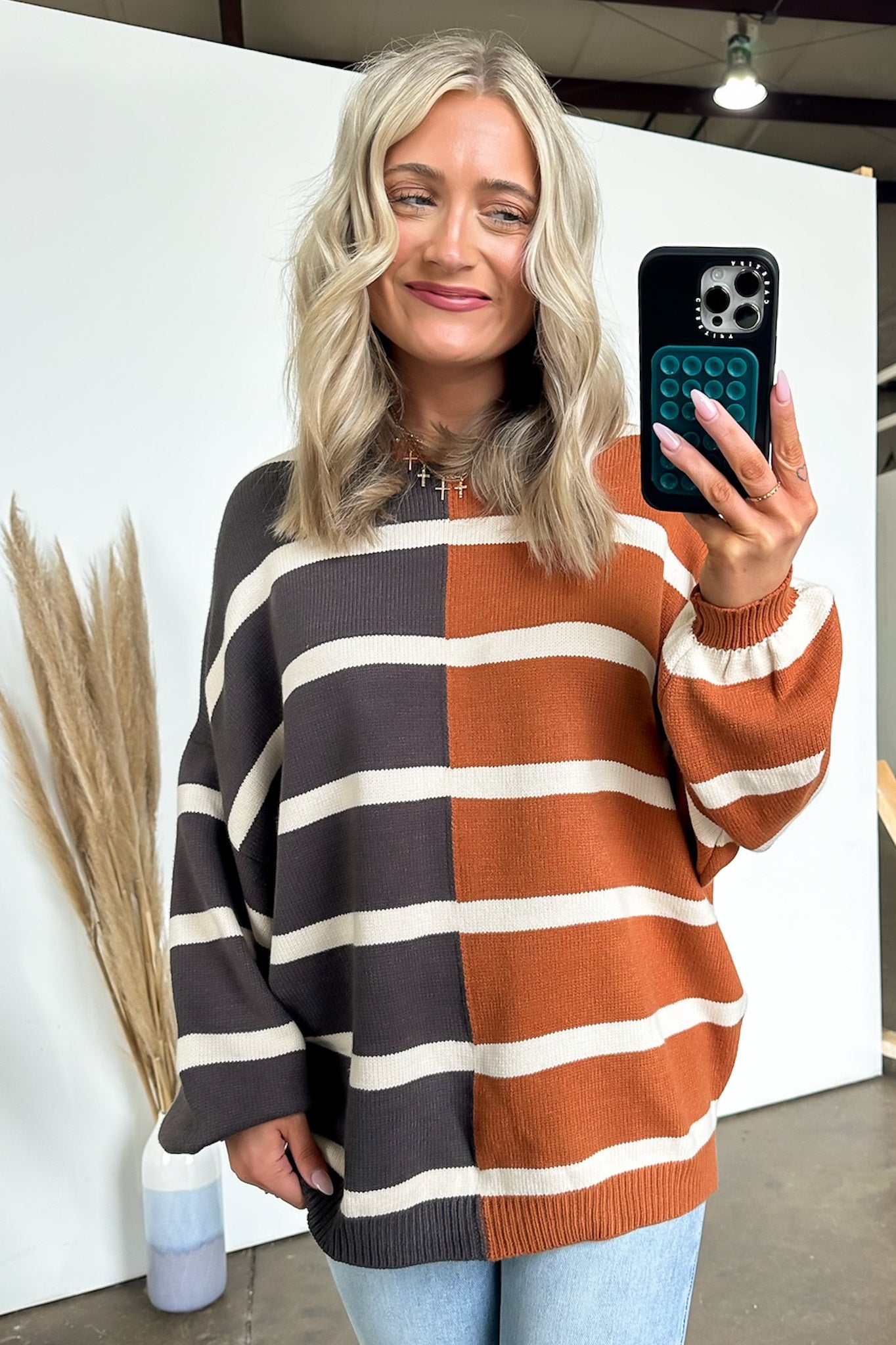  Keegan Color Block Stripe Bubble Sleeve Sweater - Madison and Mallory