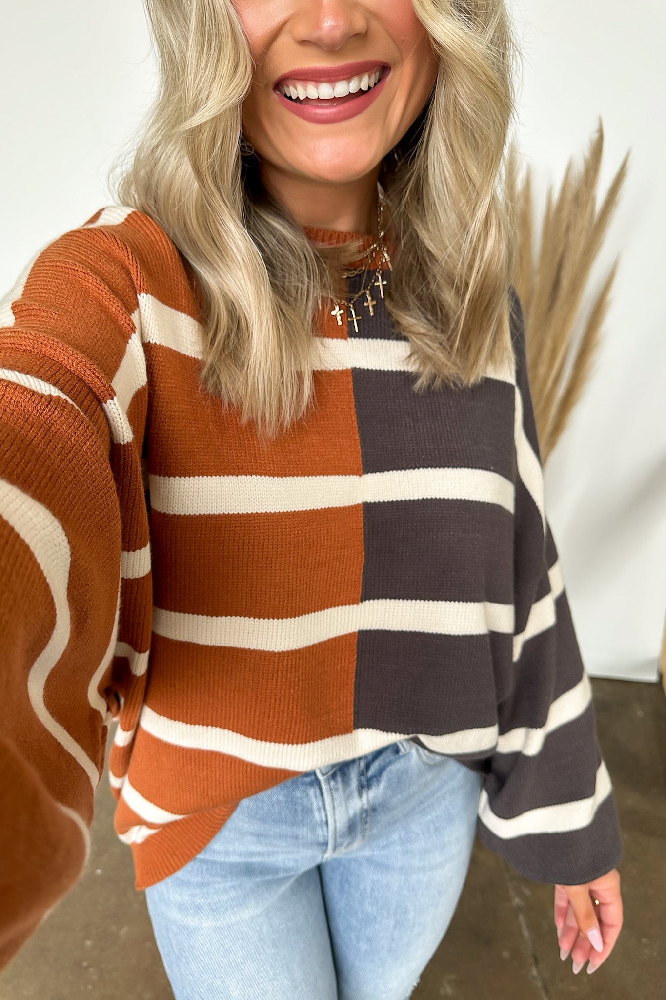  Keegan Color Block Stripe Bubble Sleeve Sweater - Madison and Mallory