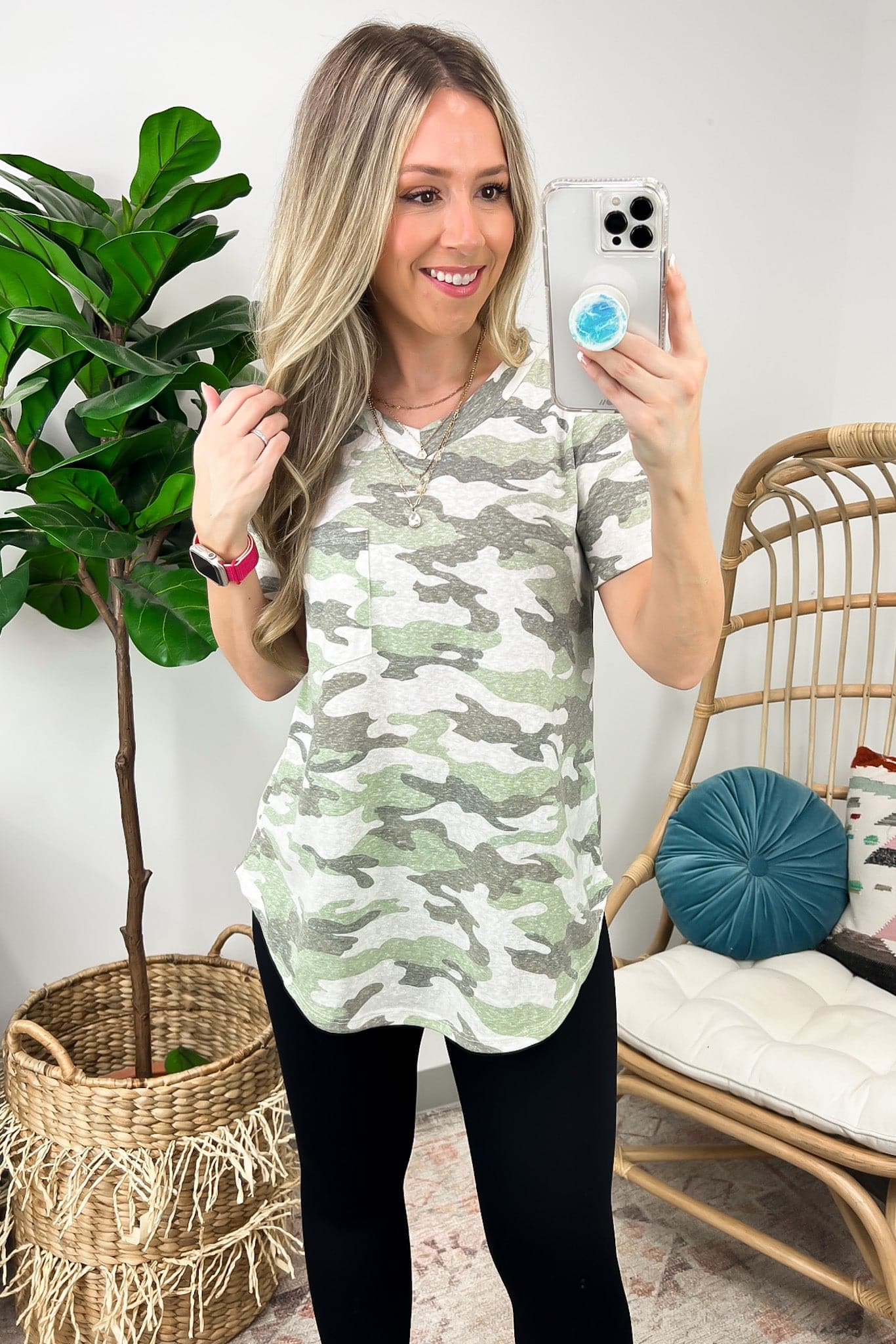 Light Olive / S Keele Washed Camo V-Neck Top - FINAL SALE - Madison and Mallory