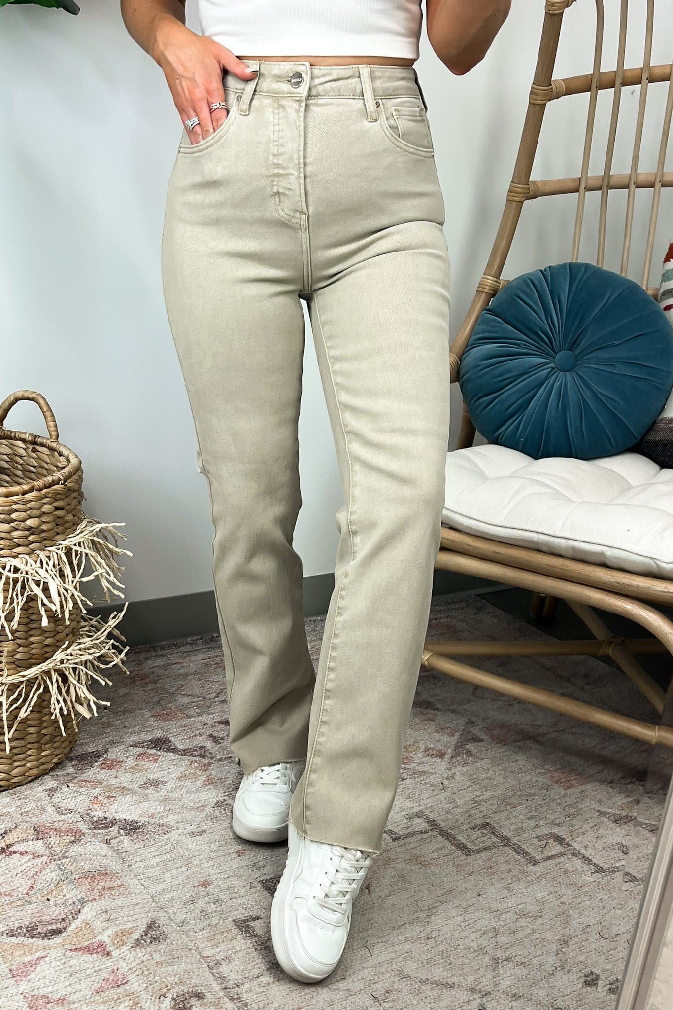 1 / Sand Keilah High Rise Tummy Control Straight Leg Jeans - Madison and Mallory