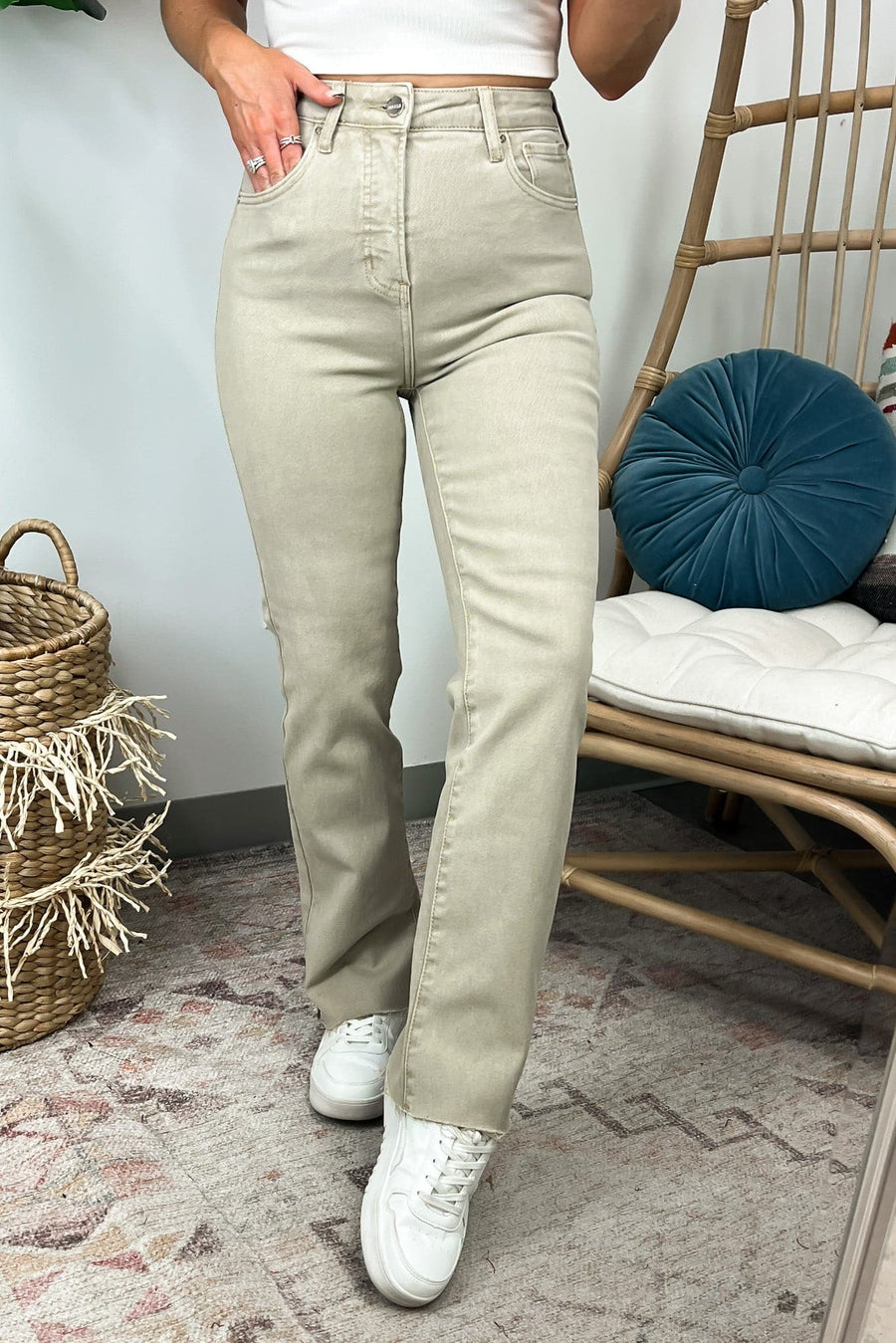 1 / Sand Keilah High Rise Tummy Control Straight Leg Jeans - FINAL SALE - Madison and Mallory