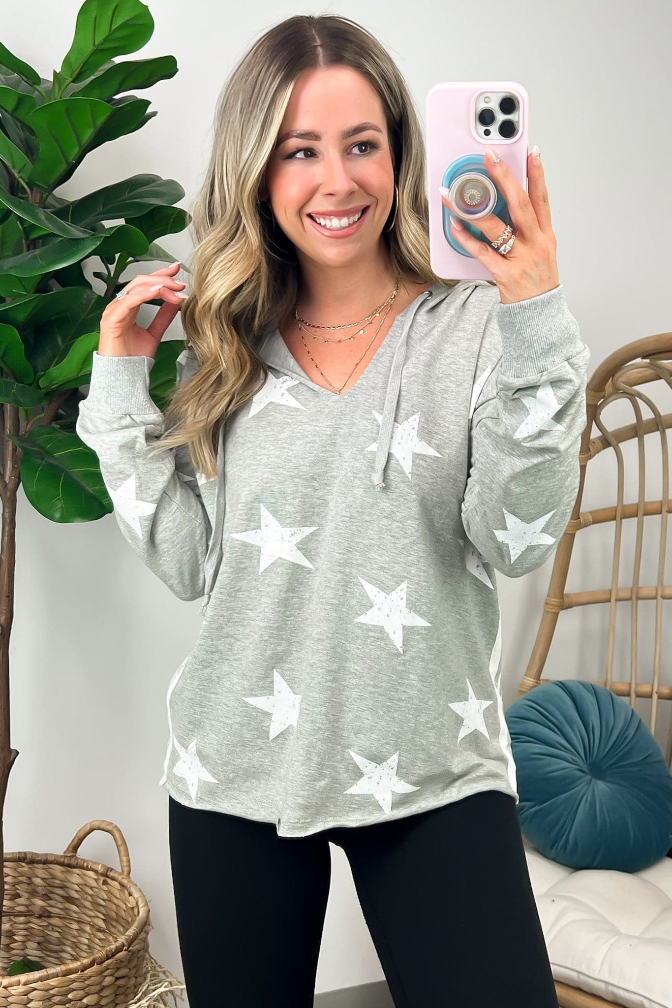S / Heather Gray Kella Star Print Hooded Top - Madison and Mallory