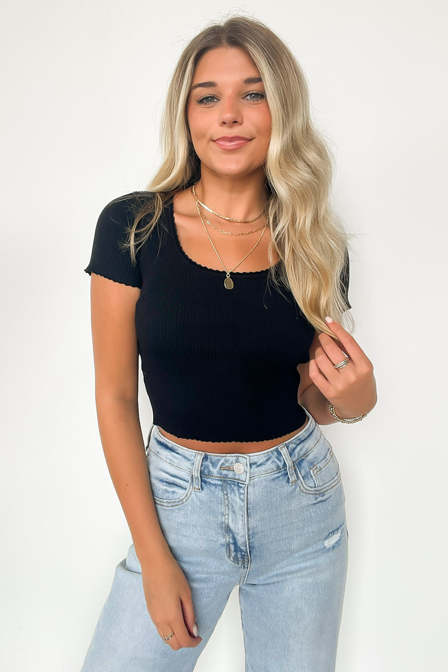 Black / S Kenzi Ruffle Edge Ribbed Knit Top - FINAL SALE - Madison and Mallory