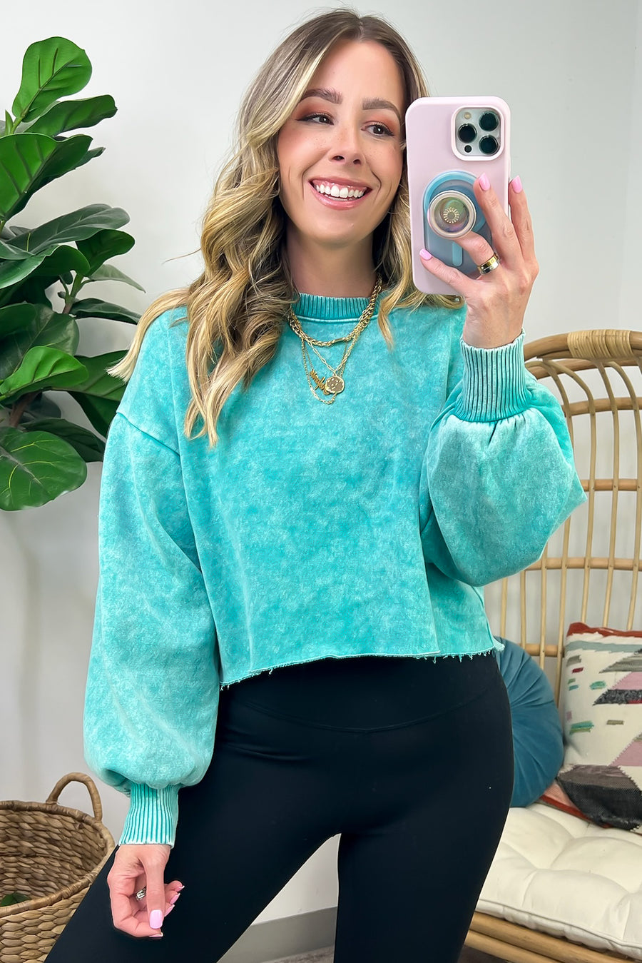 Light Teal / S Kerie Acid Wash Fleece Cropped Pullover - Madison and Mallory