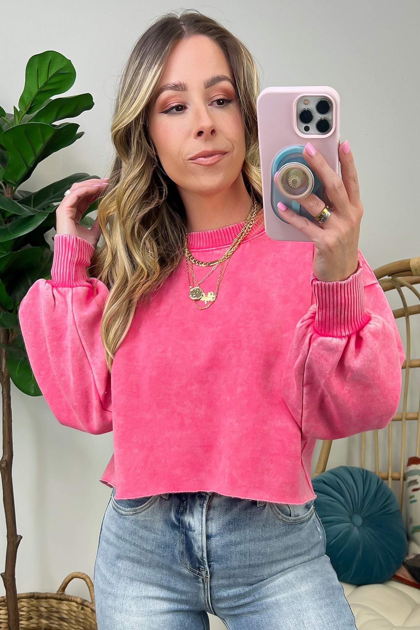 Fuchsia / S Kerie Acid Wash Fleece Cropped Pullover - Madison and Mallory