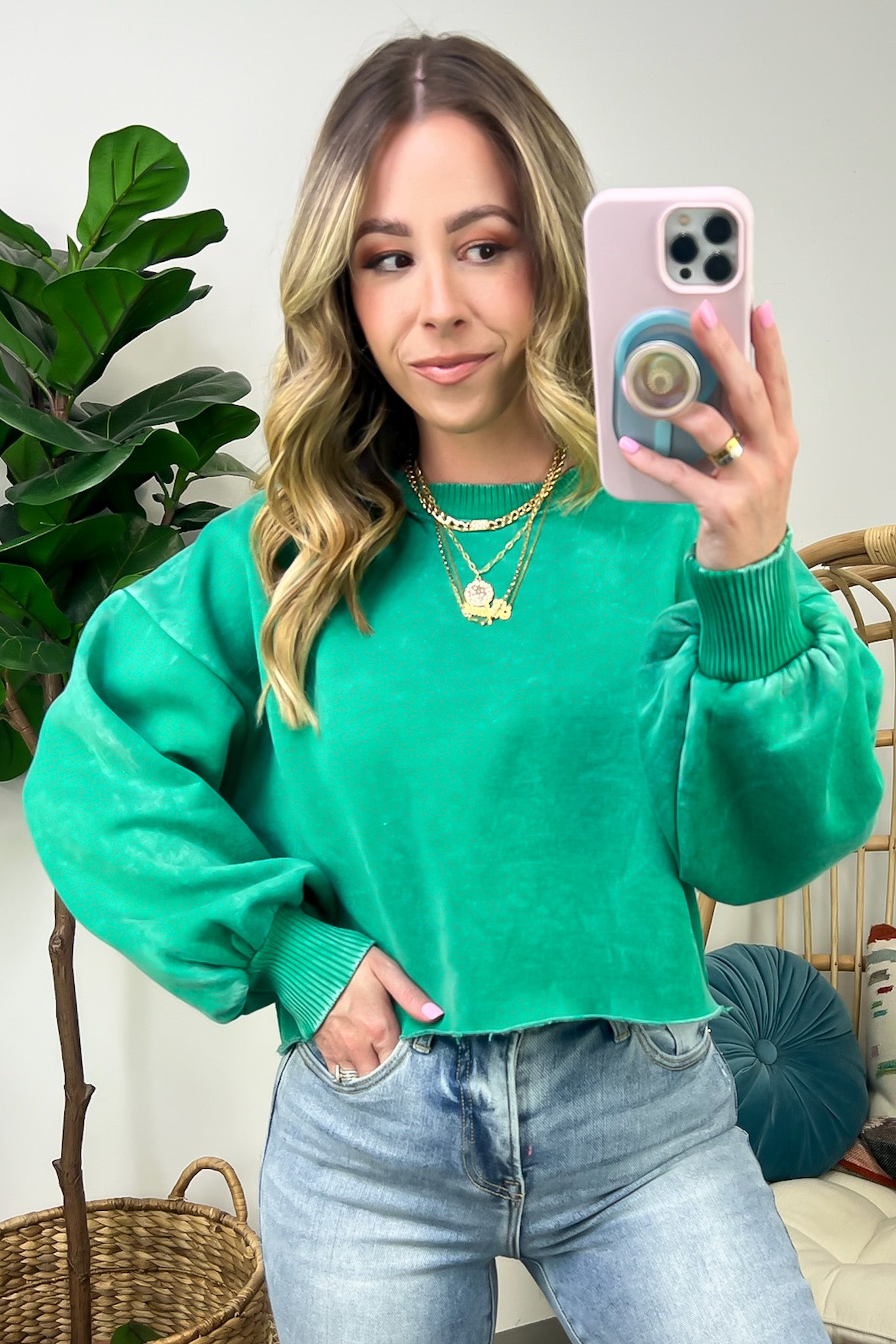 Kelly Green / S Kerie Acid Wash Fleece Cropped Pullover - Madison and Mallory