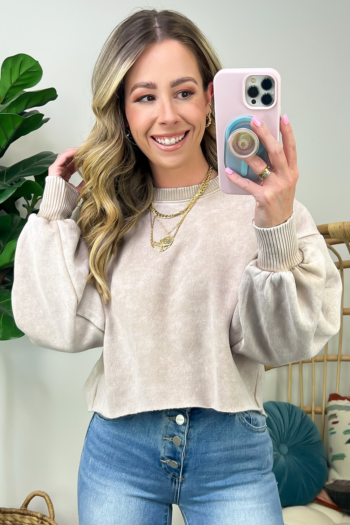  Kerie Acid Wash Fleece Cropped Pullover - Madison and Mallory