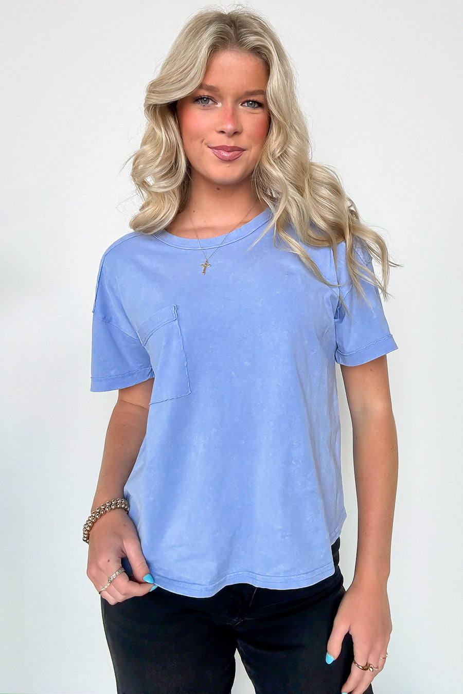 Blue / S Keshia Mineral Washed Short Sleeve Top - BACK IN STOCK - Madison and Mallory
