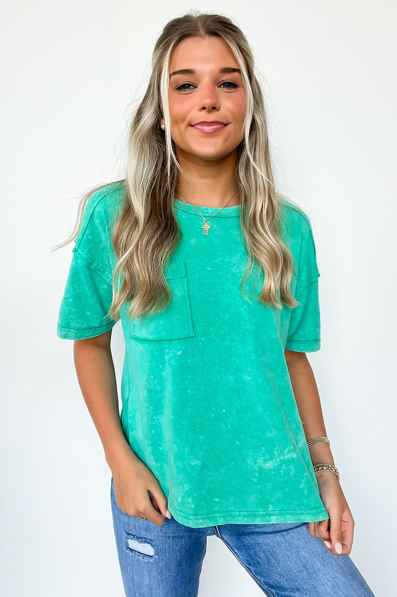 Green / S Keshia Mineral Washed Short Sleeve Top - BACK IN STOCK - Madison and Mallory