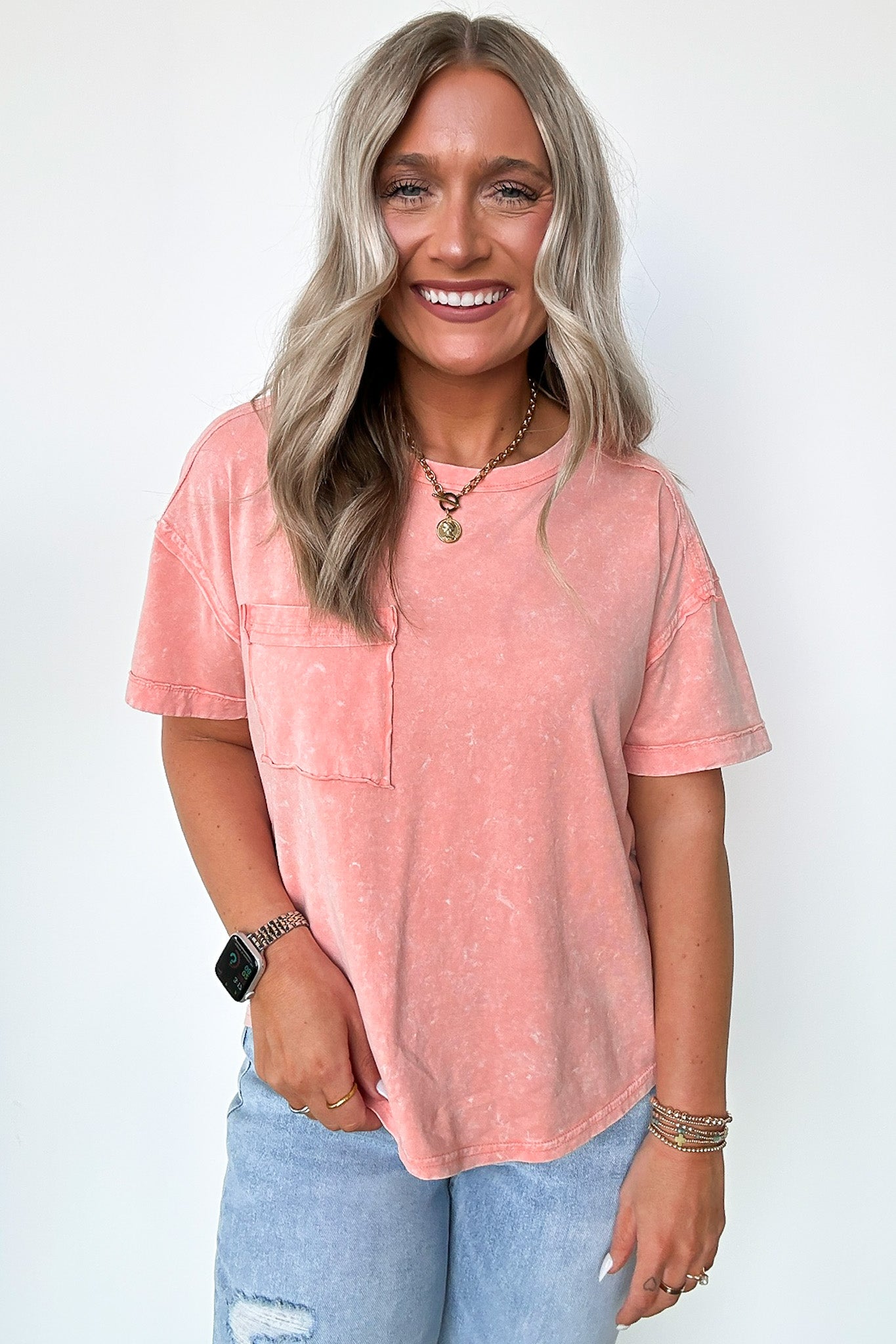 Peach / S Keshia Mineral Washed Short Sleeve Top - BACK IN STOCK - Madison and Mallory
