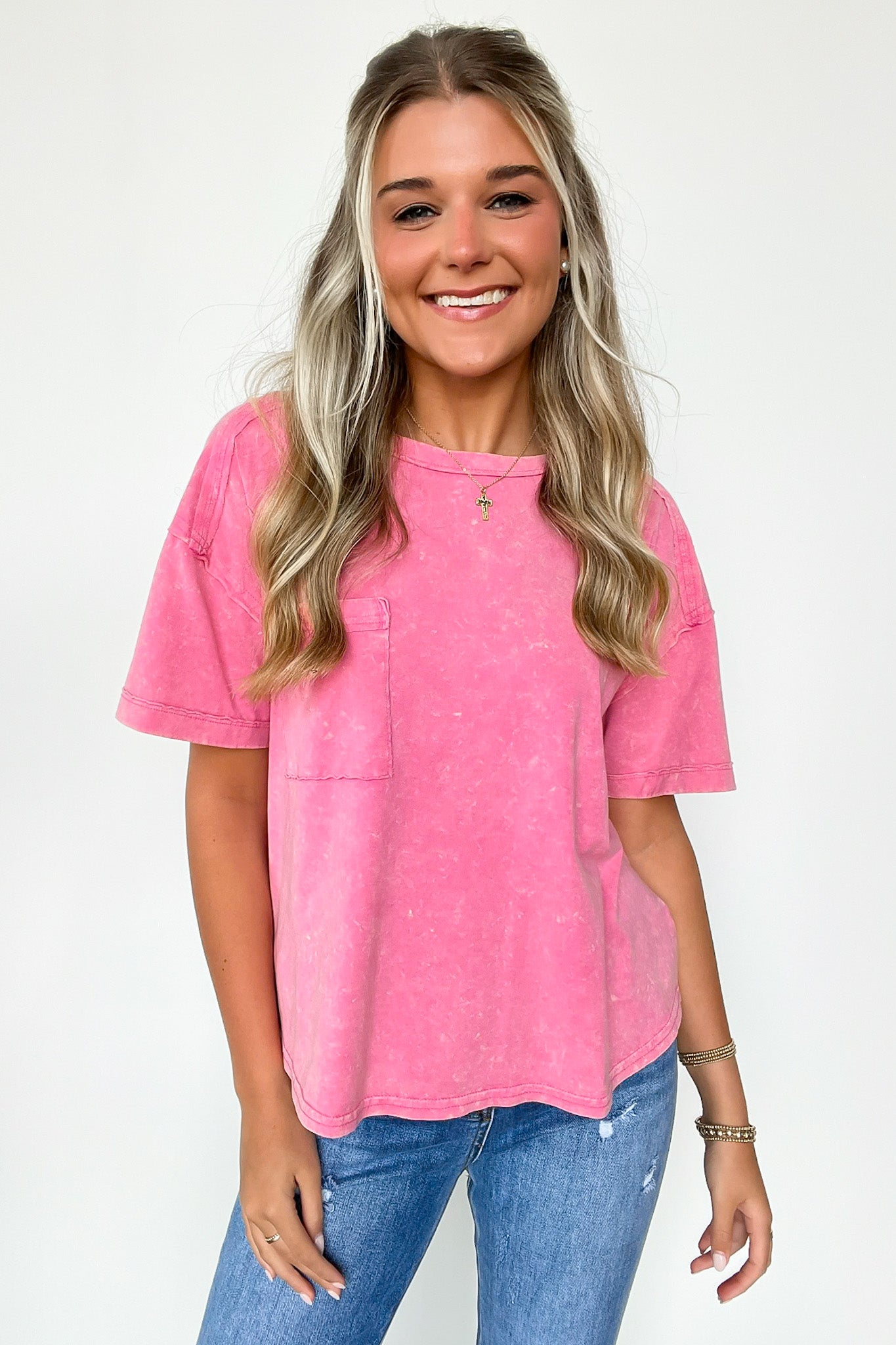 Pink / S Keshia Mineral Washed Short Sleeve Top - BACK IN STOCK - Madison and Mallory