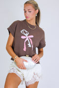 S / Brown Key to Charm Graphic Knit Short Sleeve Sweater - Madison and Mallory