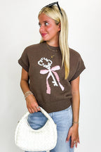 S / Brown Key to Charm Graphic Knit Short Sleeve Sweater - FINAL SALE - Madison and Mallory