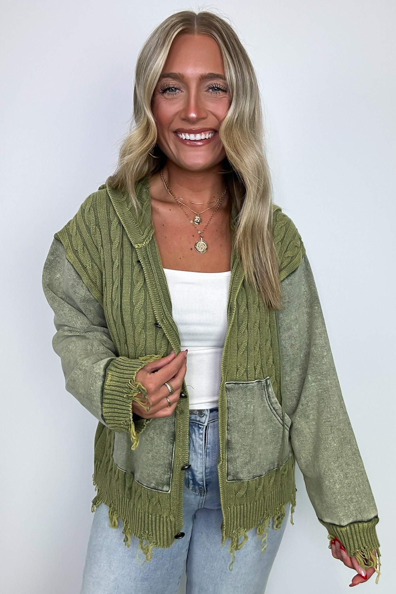 Khelsi Contrast Knit Distressed Cardigan - FINAL SALE - Madison and Mallory