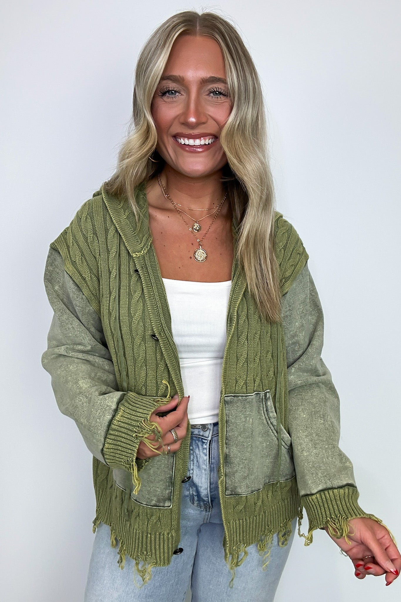 Khelsi Contrast Knit Distressed Cardigan - FINAL SALE - Madison and Mallory