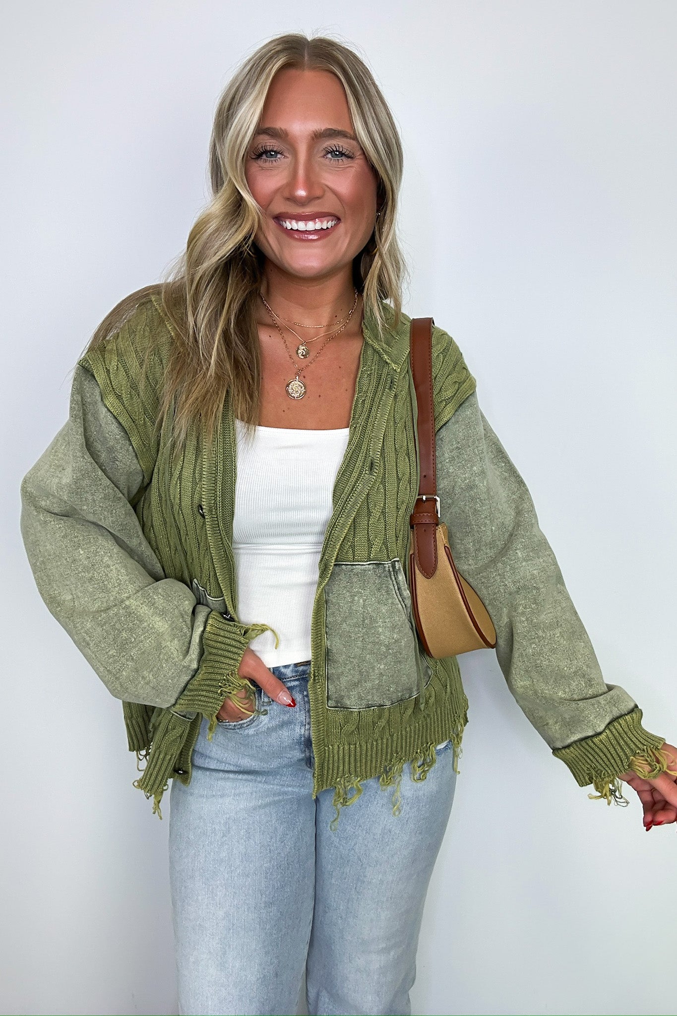 Khelsi Contrast Knit Distressed Cardigan - FINAL SALE - Madison and Mallory