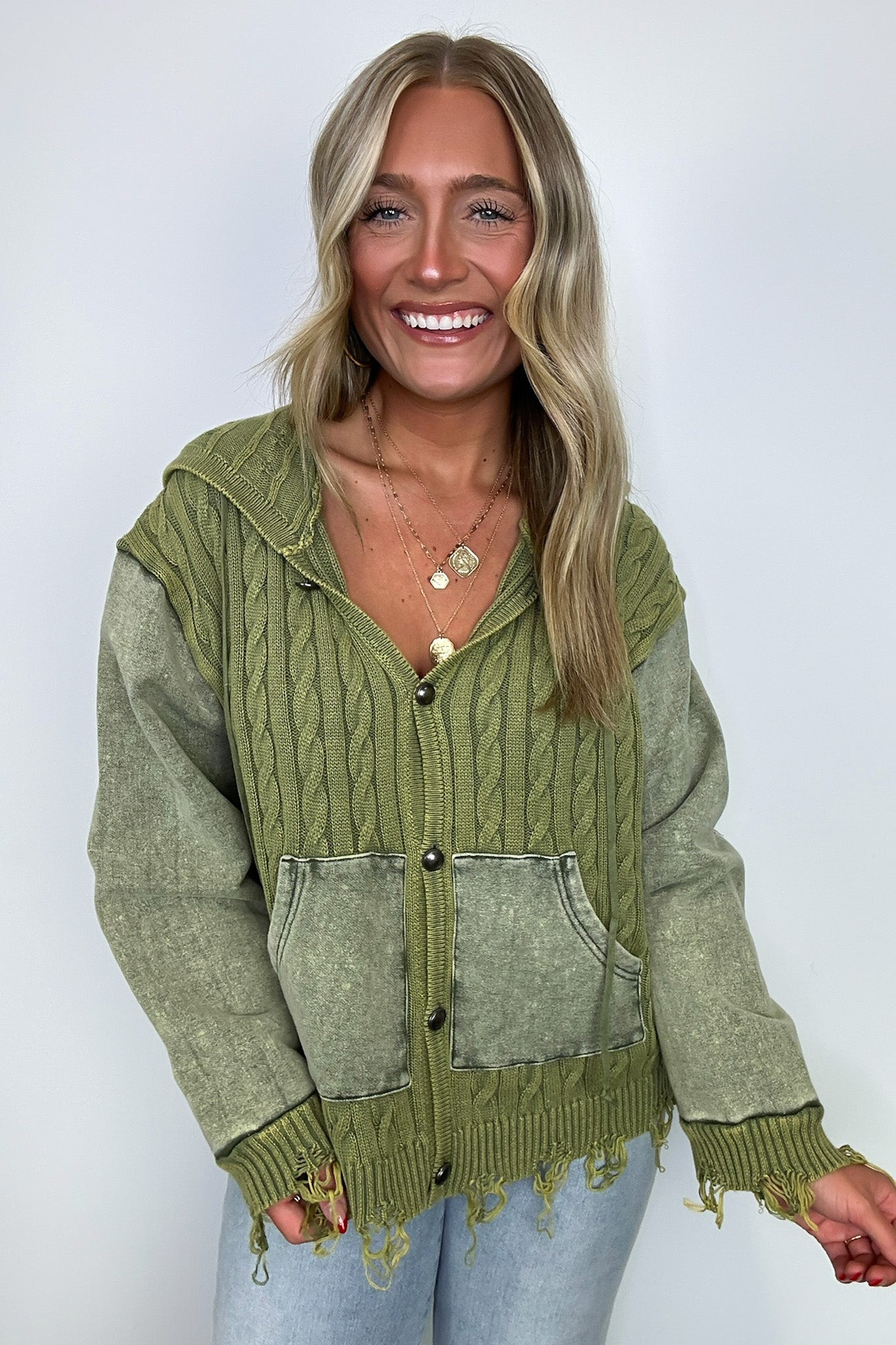 Khelsi Contrast Knit Distressed Cardigan - FINAL SALE - Madison and Mallory