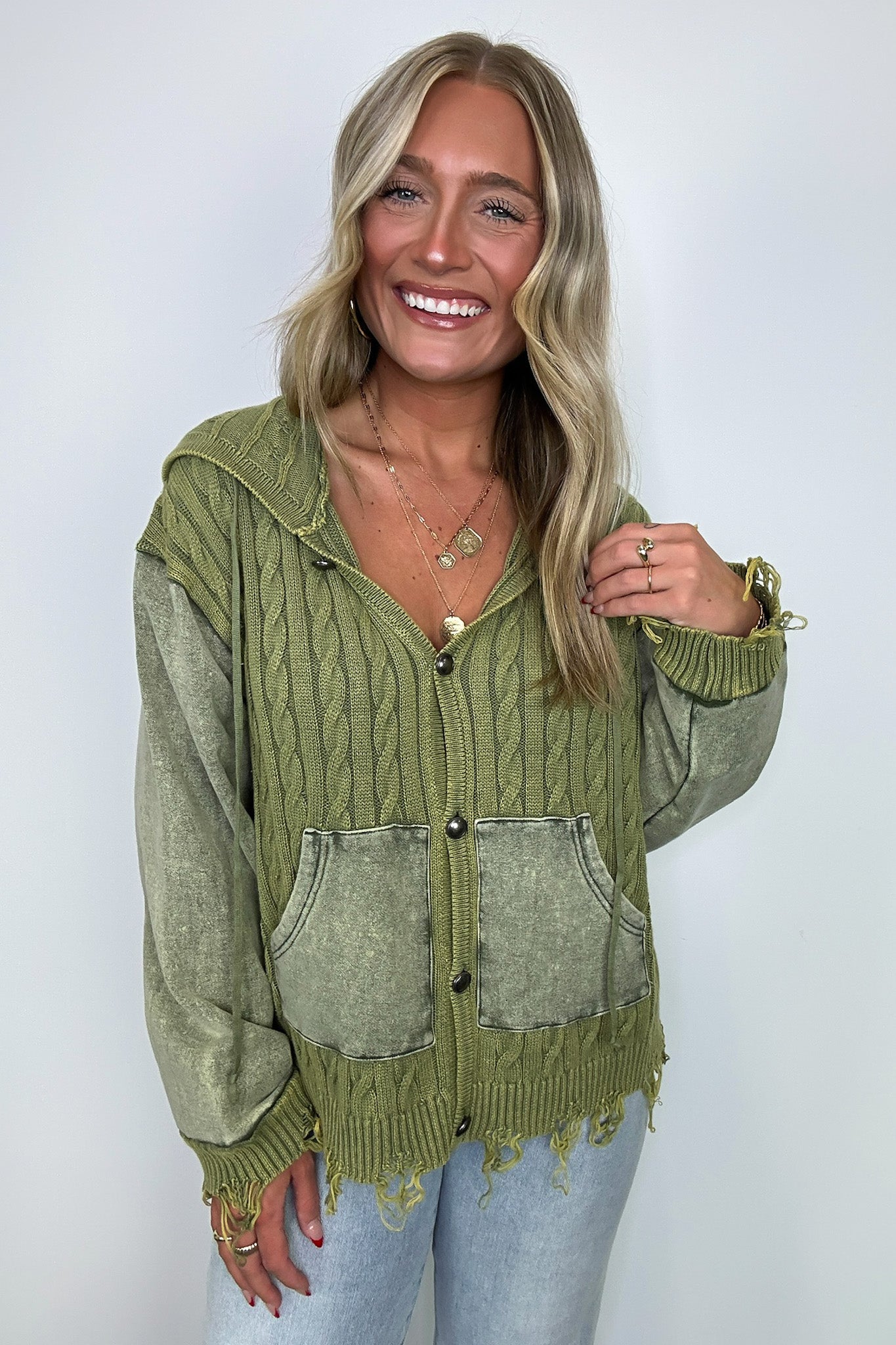 Khelsi Contrast Knit Distressed Cardigan - FINAL SALE - Madison and Mallory