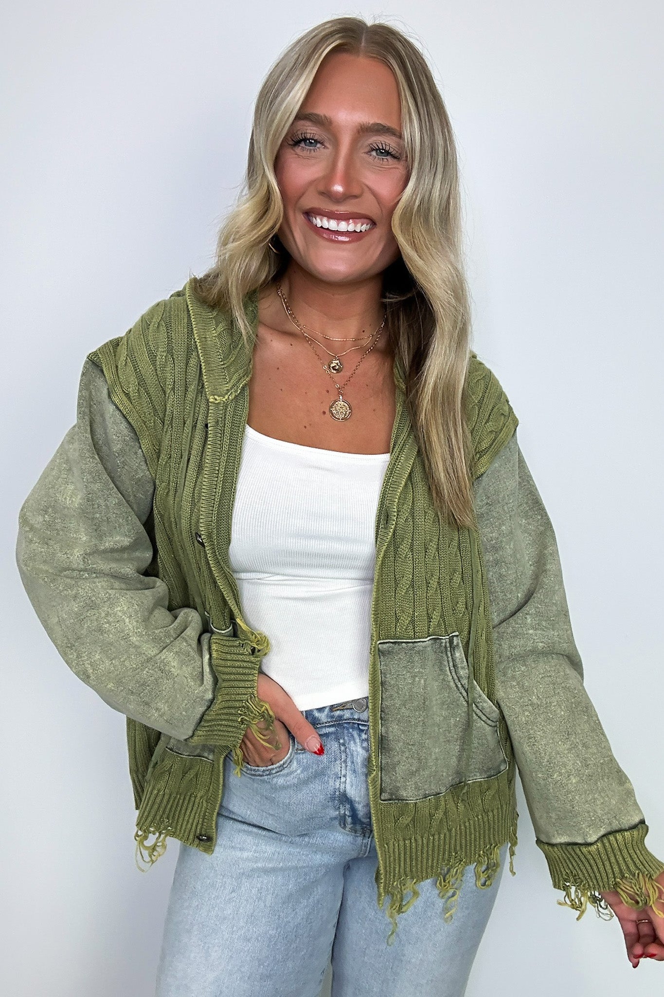 Olive / S Khelsi Contrast Knit Distressed Cardigan - FINAL SALE - Madison and Mallory