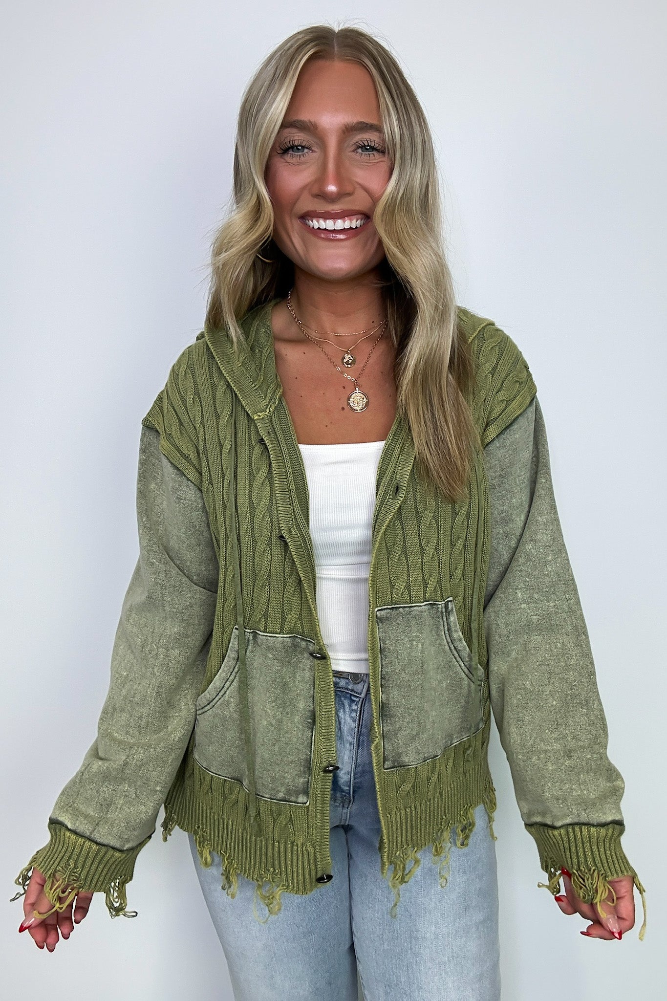 Khelsi Contrast Knit Distressed Cardigan - FINAL SALE - Madison and Mallory