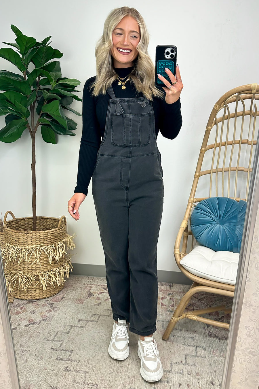 S / Black Kirsty Mineral Washed Knot Strap Overalls - FINAL SALE - Madison and Mallory