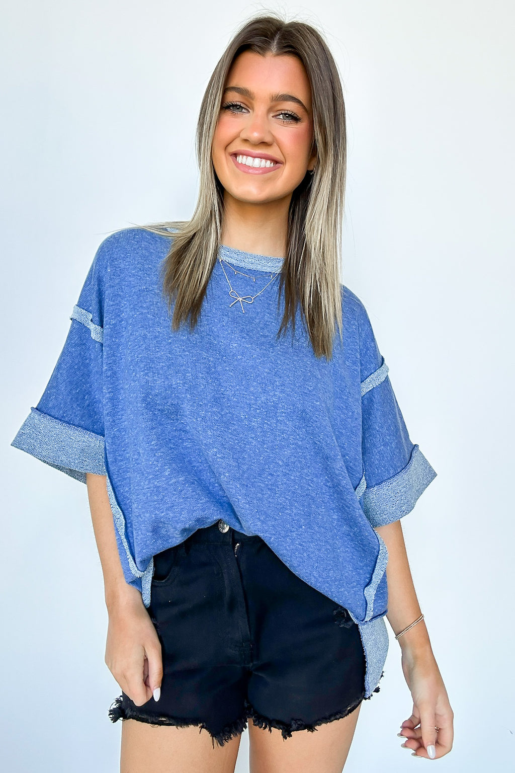 Light Navy / SM Klaire Contrast Trim Relaxed Drop Shoulder Top - FINAL SALE - Madison and Mallory