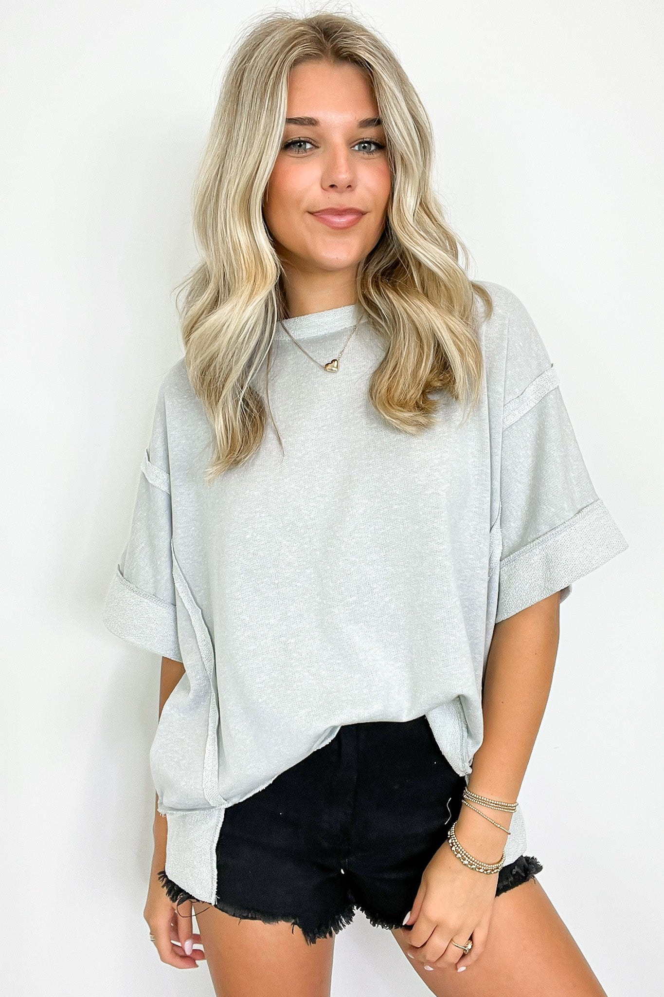 Light Gray / SM Klaire Contrast Trim Relaxed Drop Shoulder Top - FINAL SALE - Madison and Mallory