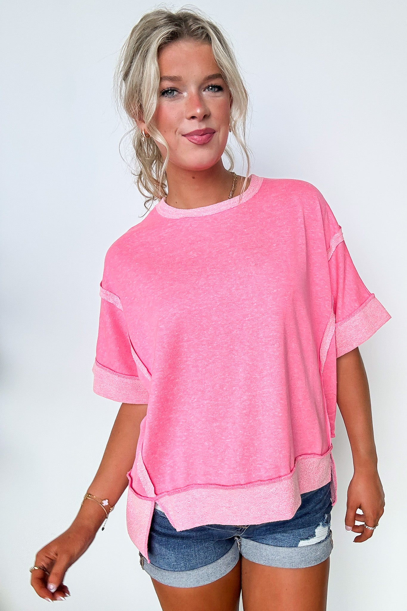 Fuchsia / SM Klaire Contrast Trim Relaxed Drop Shoulder Top - BACK IN STOCK - Madison and Mallory
