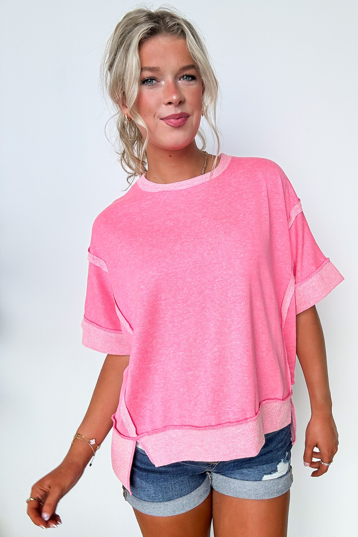 Fuchsia / SM Klaire Contrast Trim Relaxed Drop Shoulder Top - FINAL SALE - Madison and Mallory