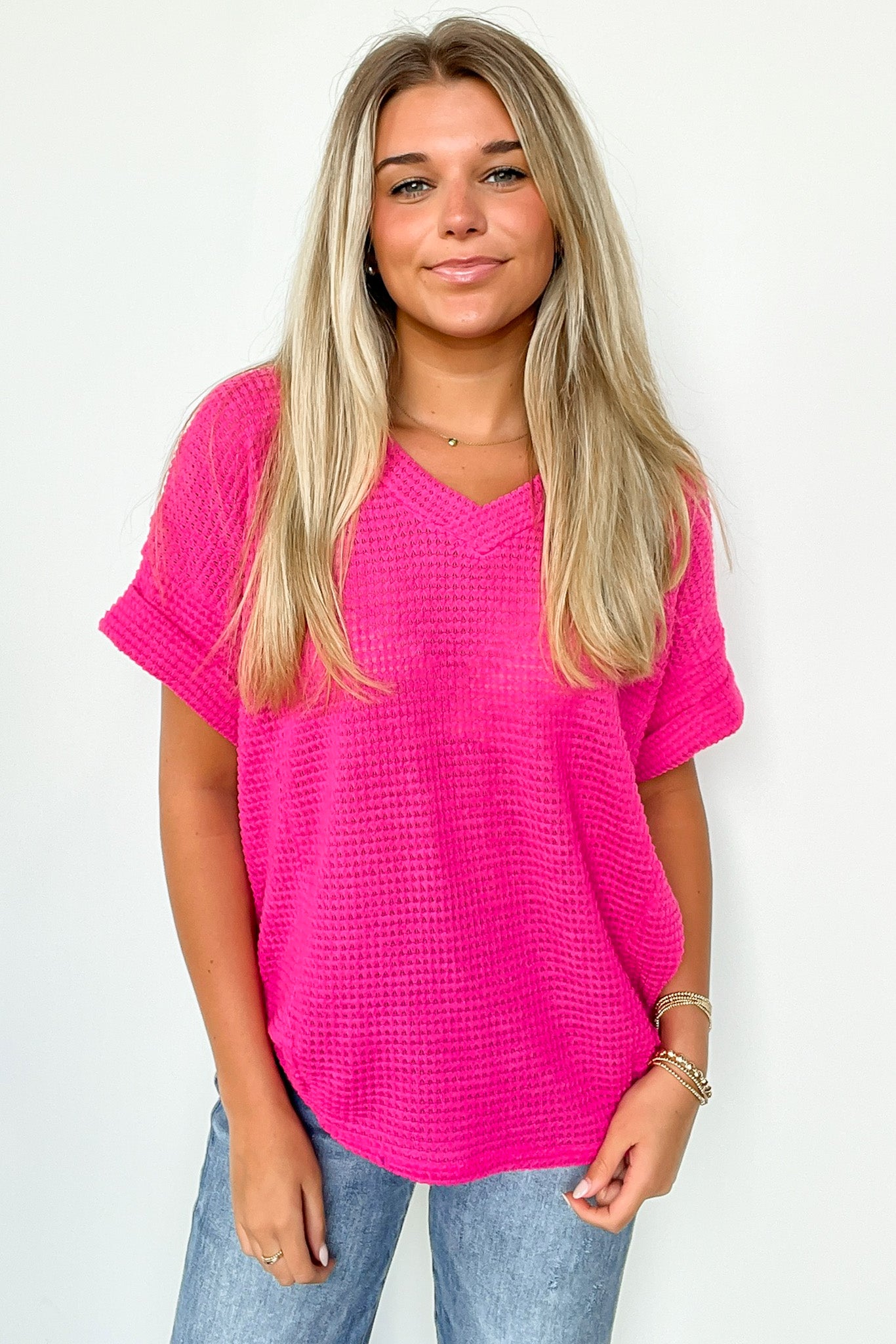 Hot Pink / S Kloie V-Neck Knit Top - FINAL SALE - Madison and Mallory