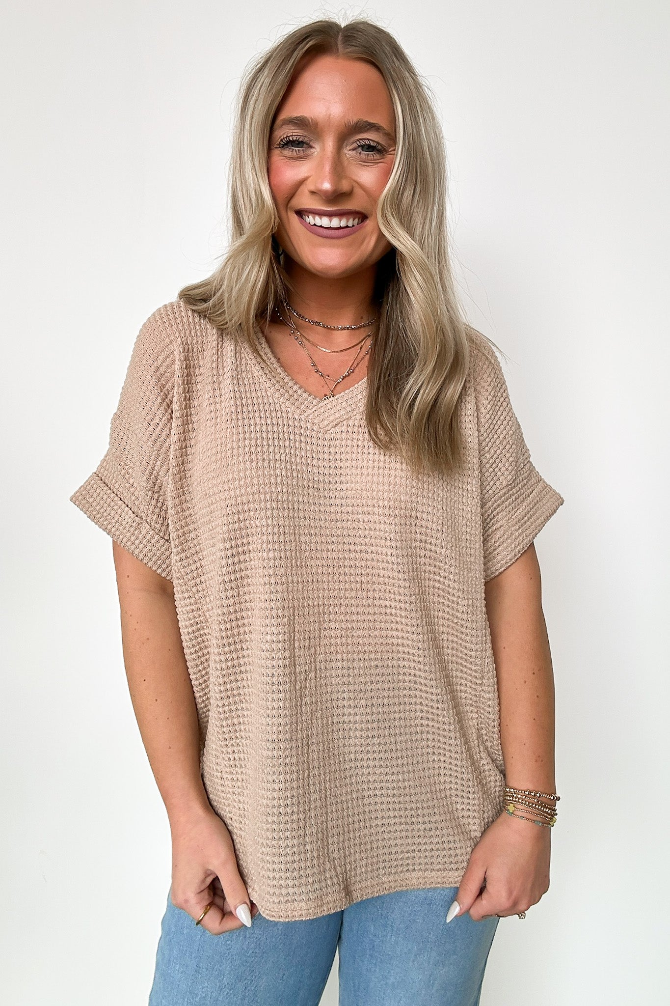 Taupe / S Kloie V-Neck Knit Top - FINAL SALE - Madison and Mallory