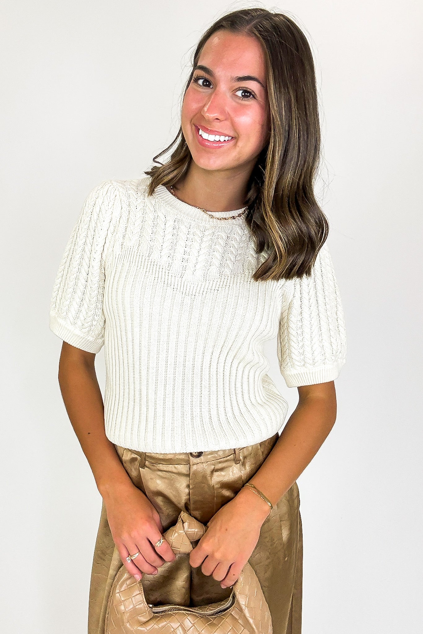 Knit Charm Round Neck Puff Short Sleeve Cable Sweater - Madison and Mallory