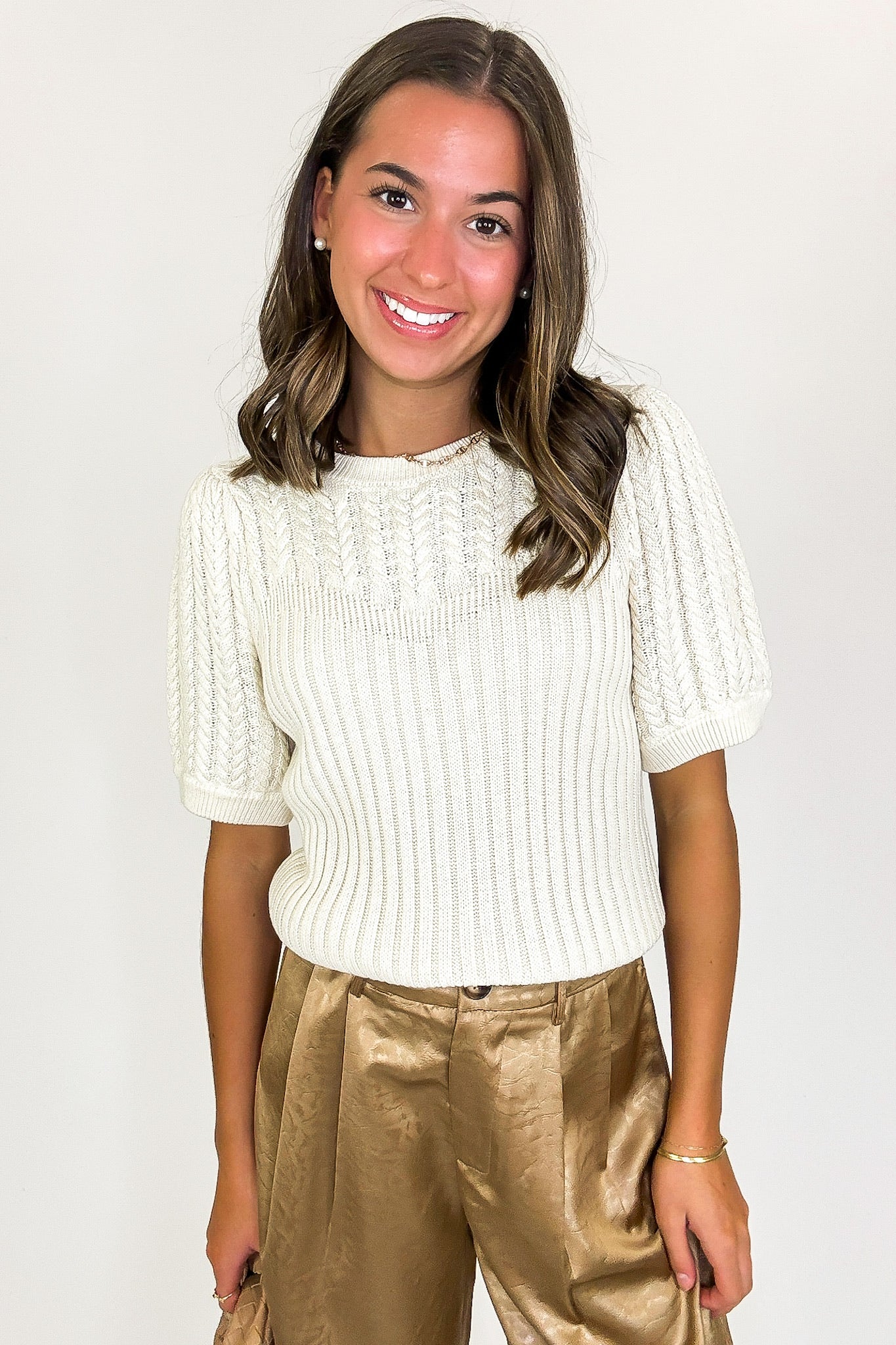 Cream / S Knit Charm Round Neck Puff Short Sleeve Cable Sweater - Madison and Mallory