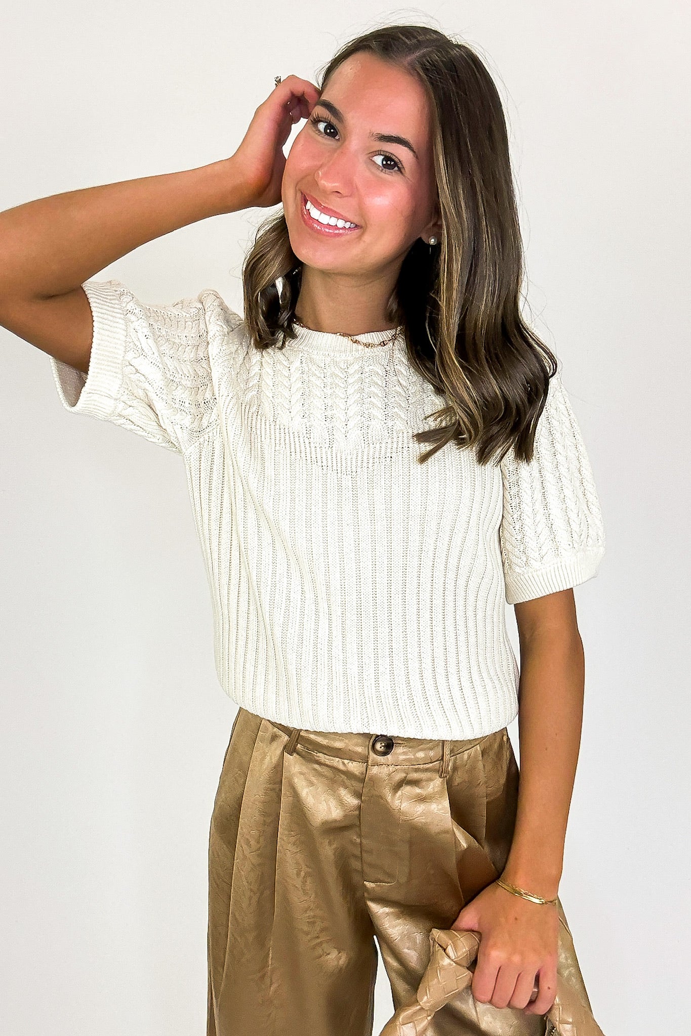 Knit Charm Round Neck Puff Short Sleeve Cable Sweater - Madison and Mallory