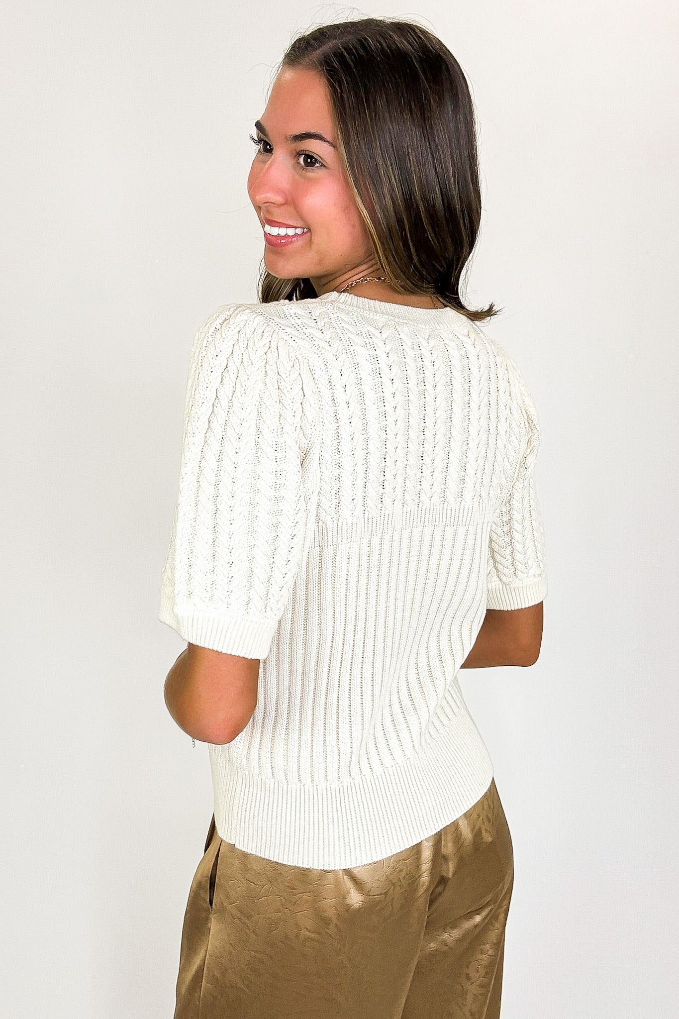 Knit Charm Round Neck Puff Short Sleeve Cable Sweater - Madison and Mallory