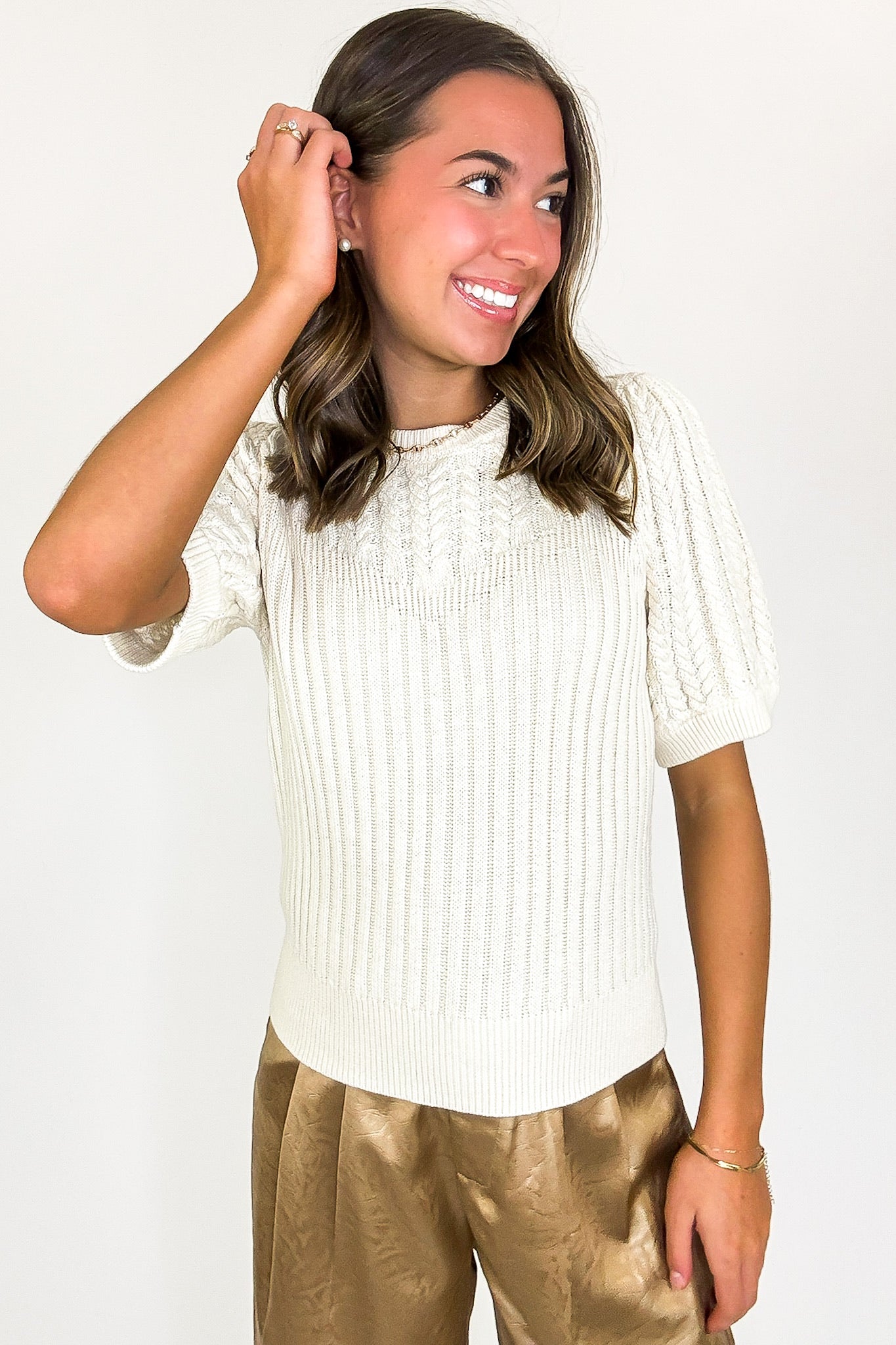 Knit Charm Round Neck Puff Short Sleeve Cable Sweater - Madison and Mallory