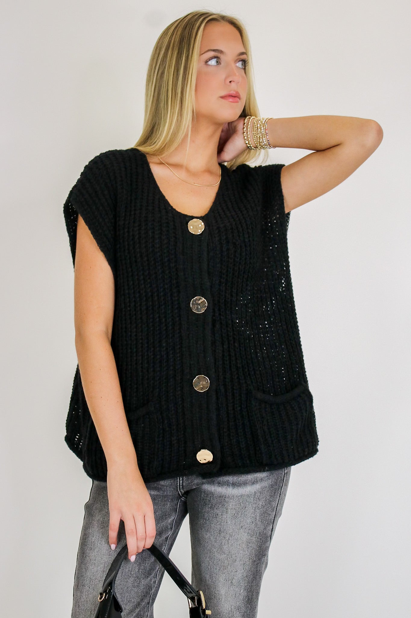 Black / S Classic Charm Button Down Sweater Vest - Madison and Mallory