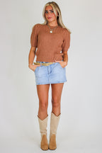 Knit Charm Round Neck Puff Short Sleeve Cable Sweater - Madison and Mallory